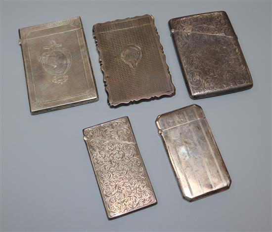 Five assorted Victorian and later silver card cases, including two by George Unite, Birmingham, 1867 & 1881, largest 9.7cm.